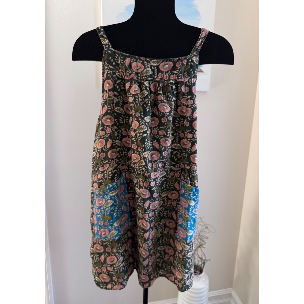 Natural Life Floral Pinafore Dress XL Olive Pink Boho Patch Pockets Mini